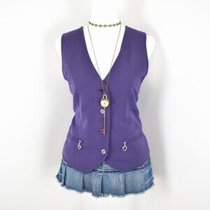 VTG 00s Y2K Henny Purple Button-Up Sleeveless Vest w/ Heart Shaped Hardware Sz S